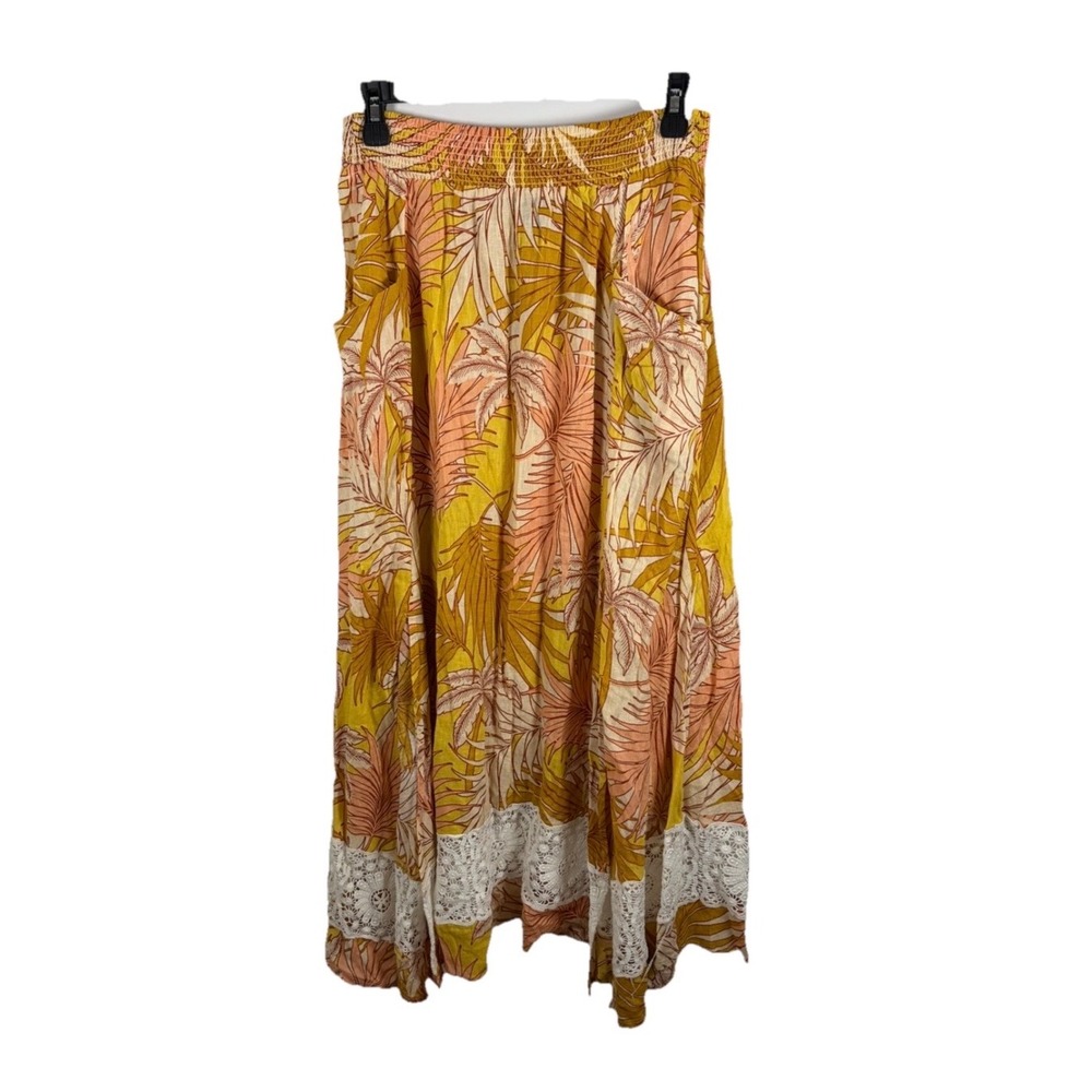 Tahari Tropical Maxi Skirt Linen Blend Palm Sz M Lace Crochet Trim Boho Cottage